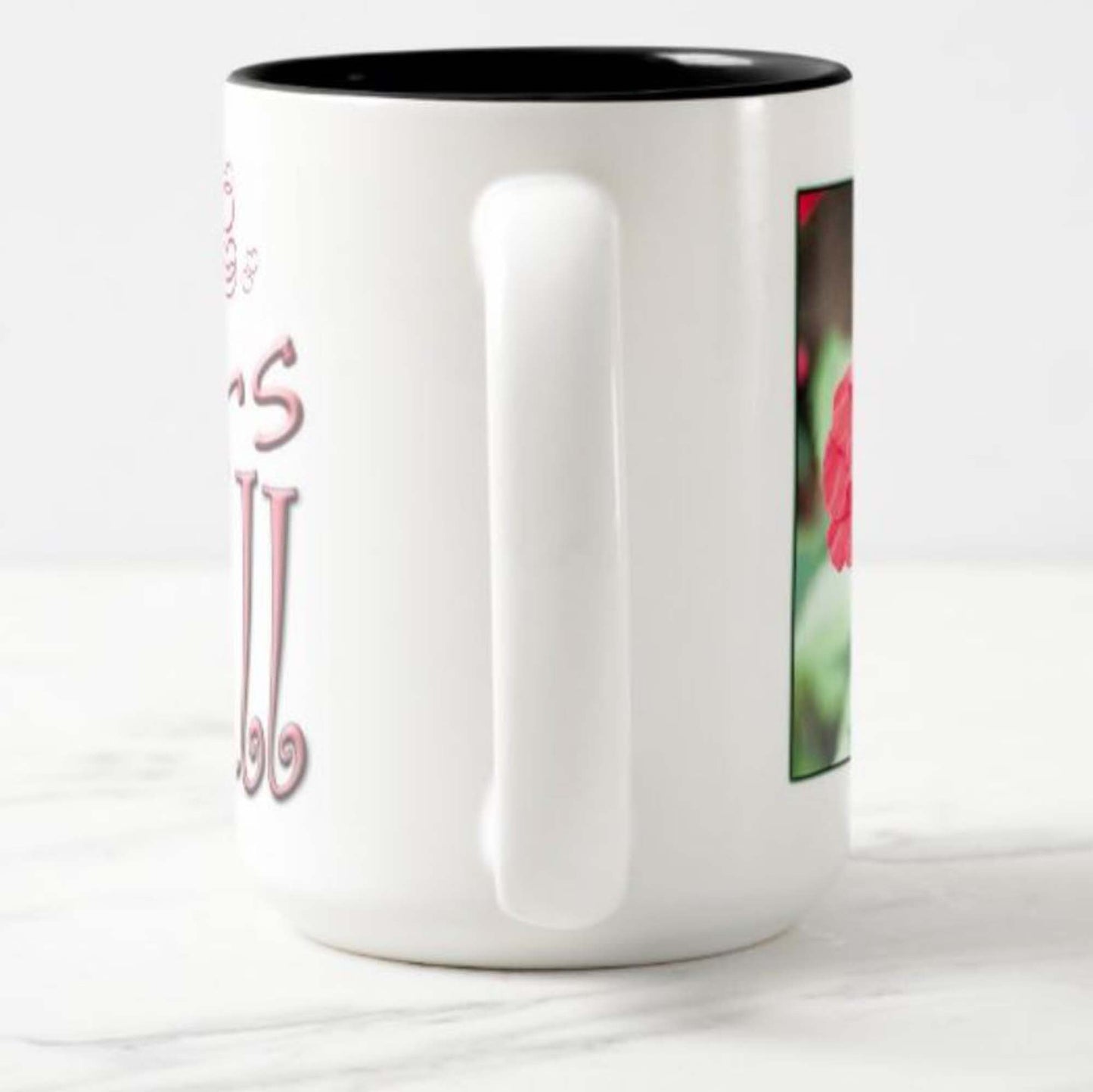 Mug with inspirational bible scripture "Love Conquers All' and flower image.