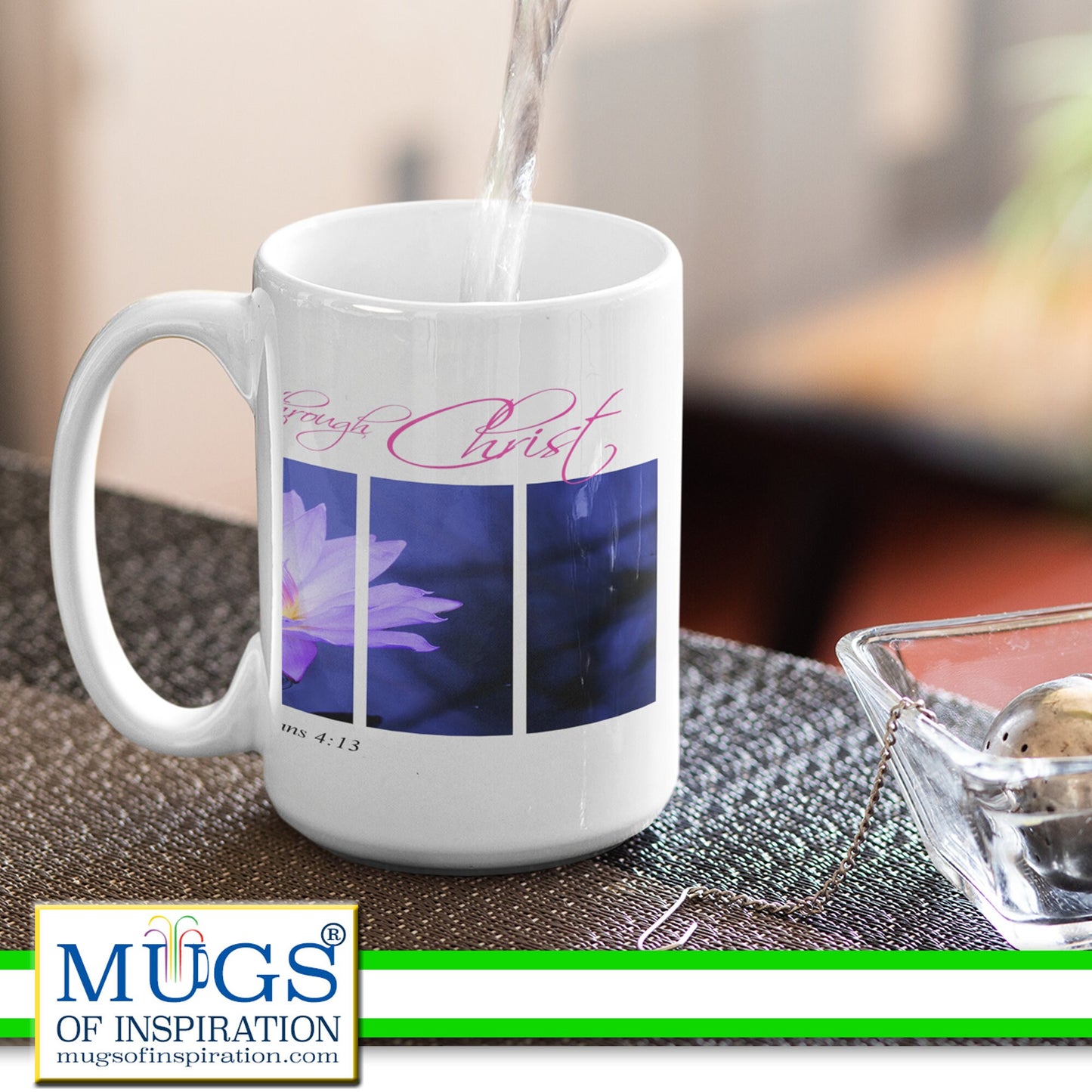 Inspirational message, bible scripture, all things through Christ, Philippians 4:13; inspirational gift, floral mug, water Lilly lover,