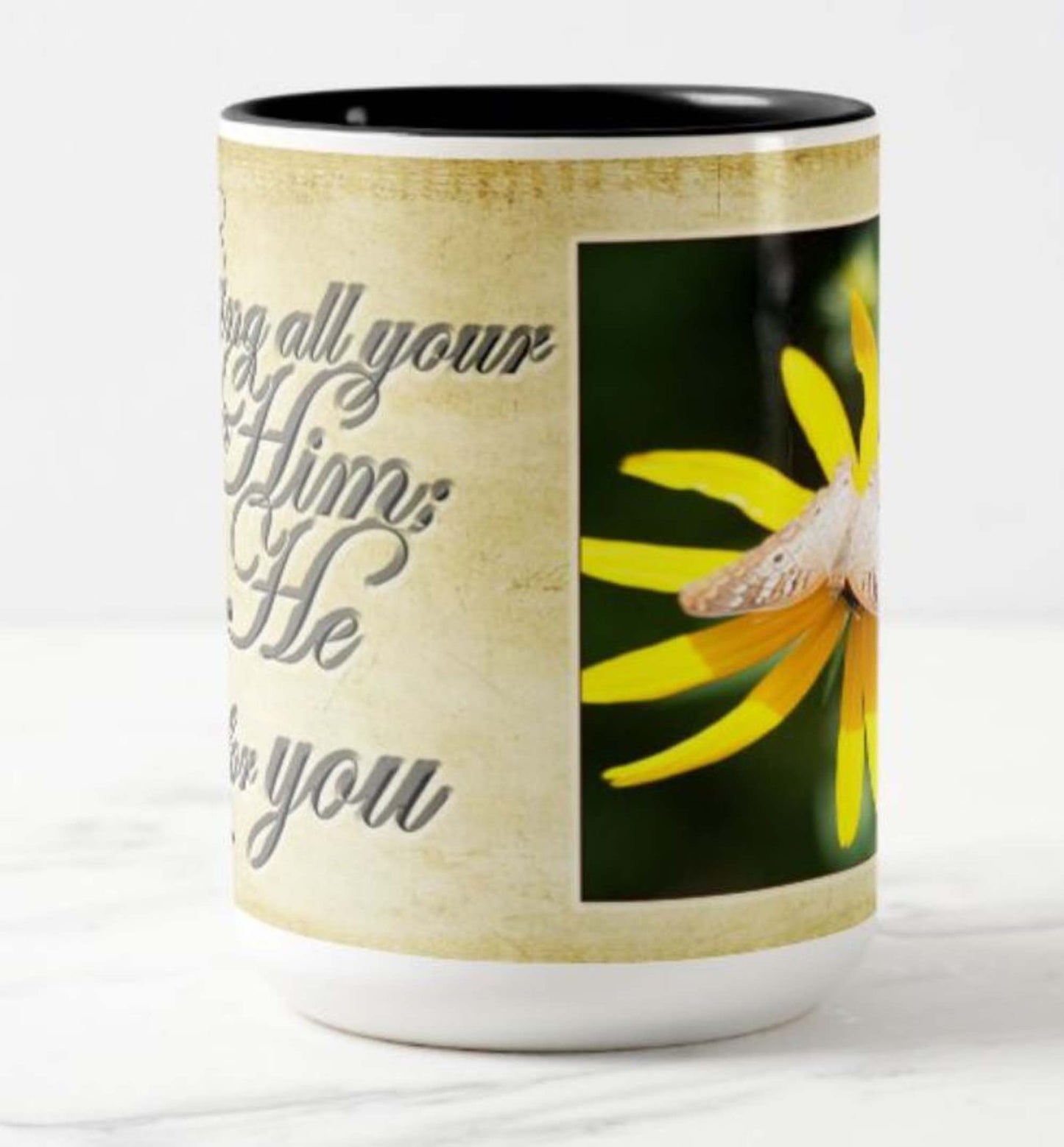 Lovely 15 oz. mug with an inspirational message, bible scripture and fine art photo. Black owned shop. "Give a gift of inspiration"