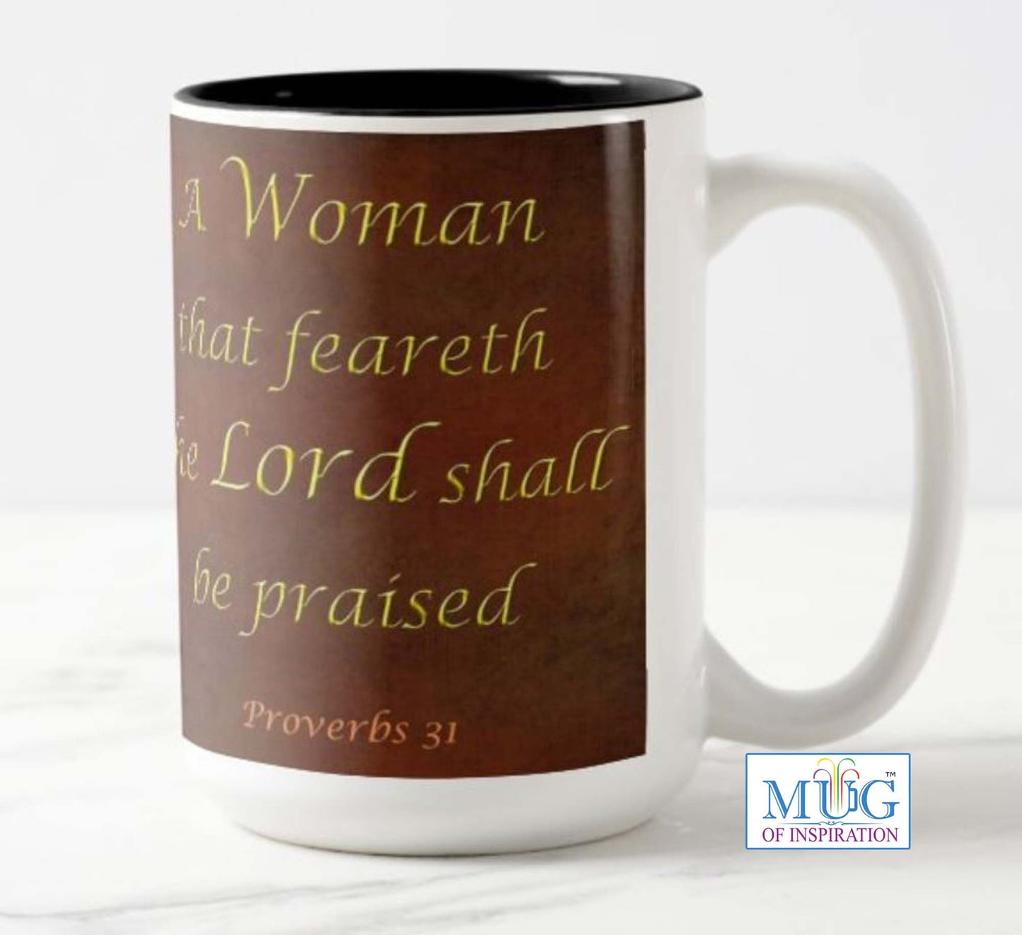Mug with a inspirational bible scripture; "A Virtuous Woman", and beautiful flower image.