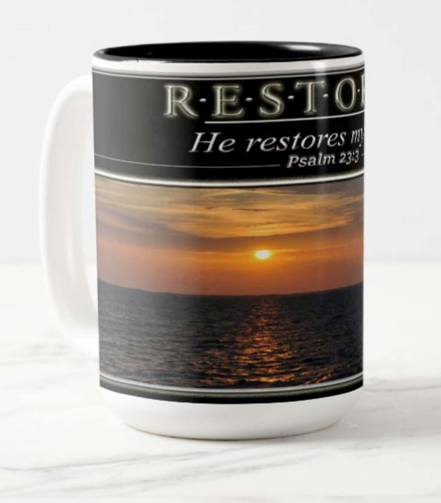mug with a inspirational bible scripture Psalm 23; He restoreth my soul; sunset photo mug; christian gift; encouragment gift; beach lover