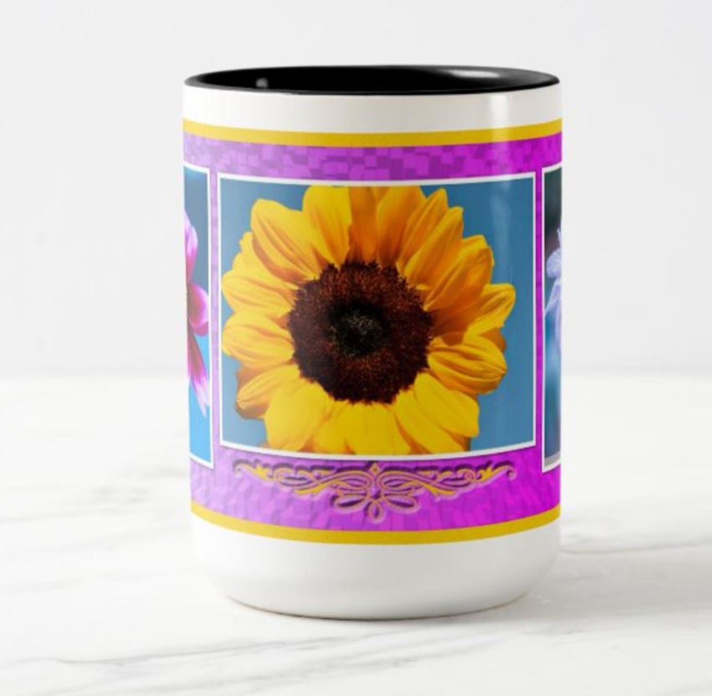 Lovely mug featuring a sunflower, dahlia and daisy.