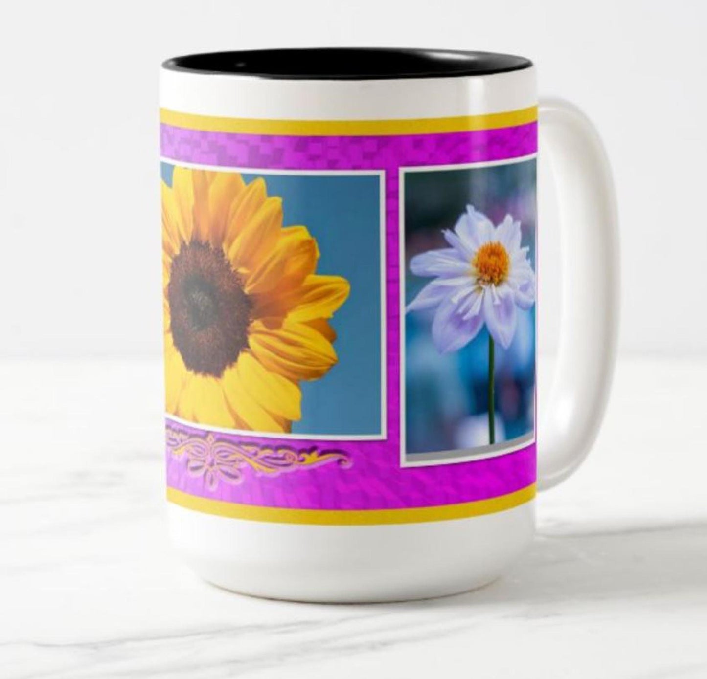 Lovely mug featuring a sunflower, dahlia and daisy.