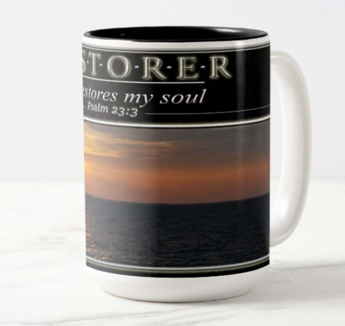 mug with a inspirational bible scripture Psalm 23; He restoreth my soul; sunset photo mug; christian gift; encouragment gift; beach lover