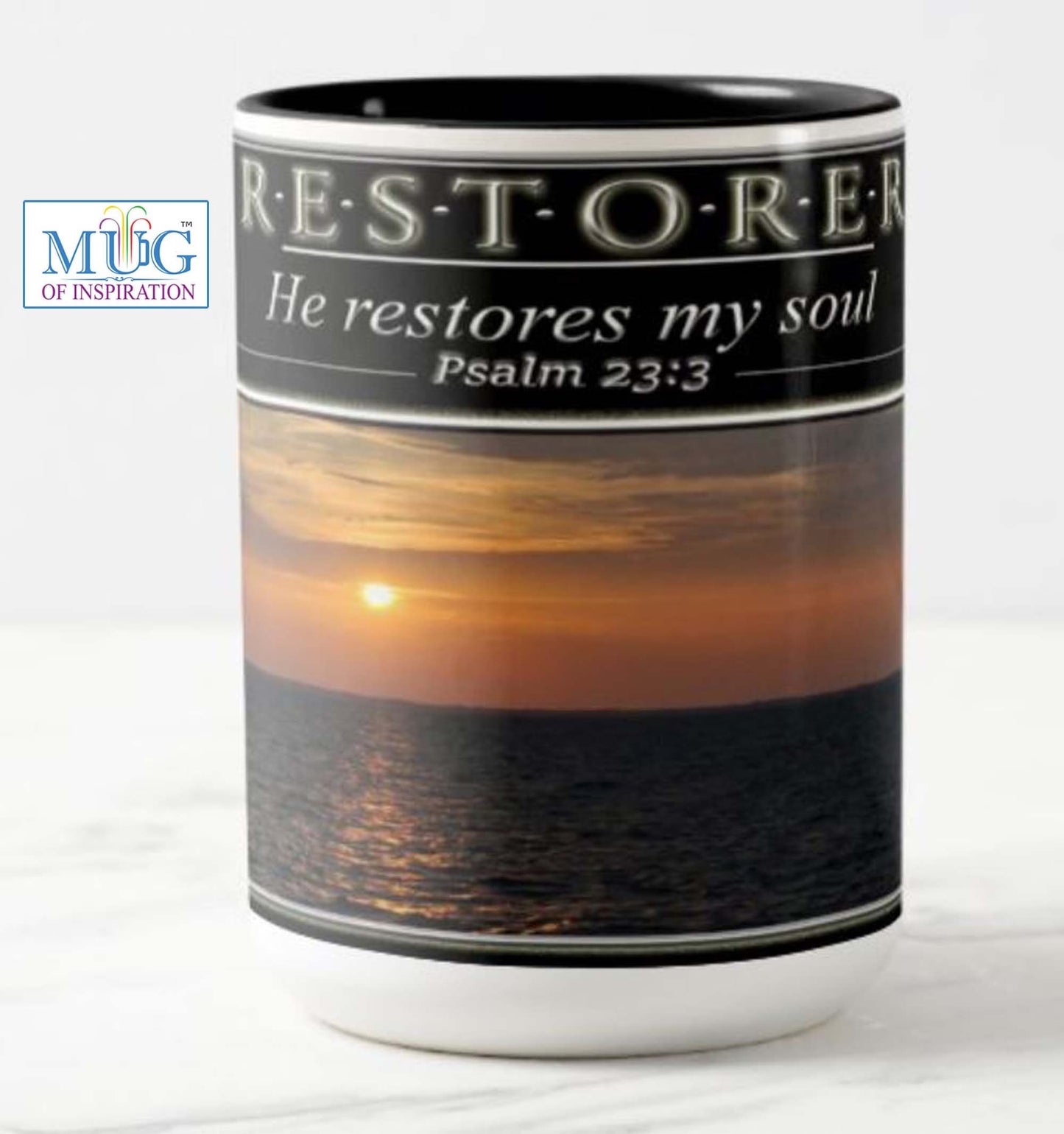 mug with a inspirational bible scripture Psalm 23; He restoreth my soul; sunset photo mug; christian gift; encouragment gift; beach lover