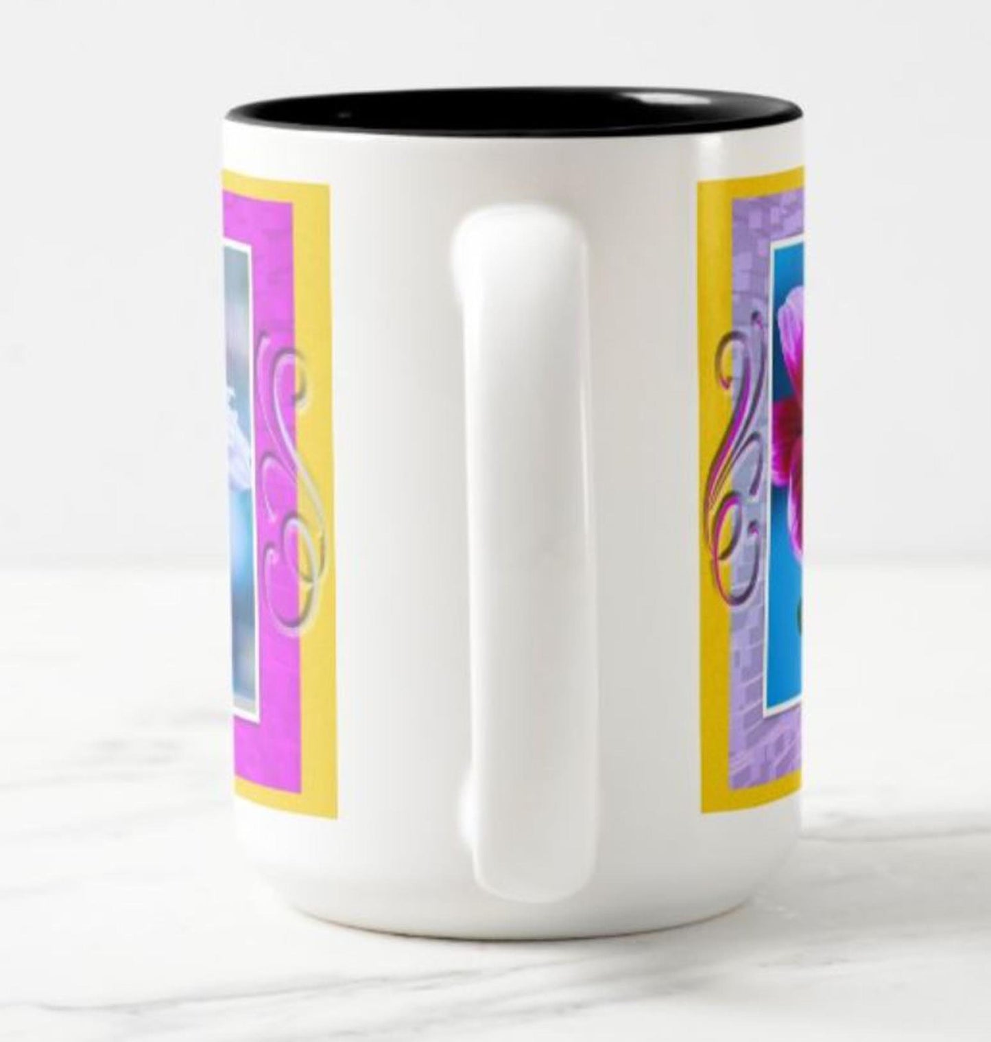 Lovely mug featuring a sunflower, dahlia and daisy.