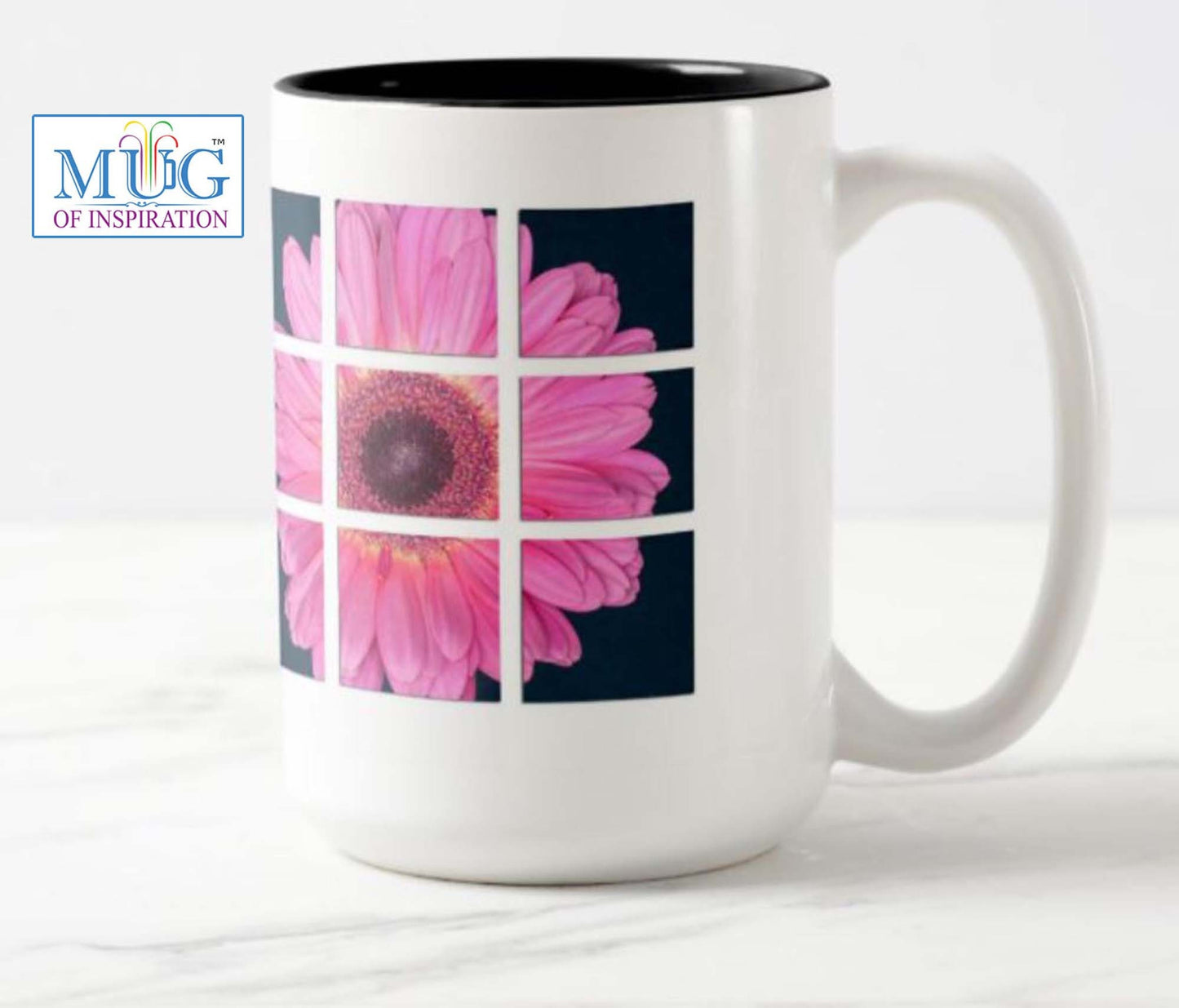 Mug with a special inspirational message for your sister: "I love that you're my sister" and flower photo.