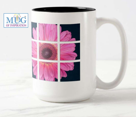 Mug with a special inspirational message for your sister: "I love that you're my sister" and flower photo.