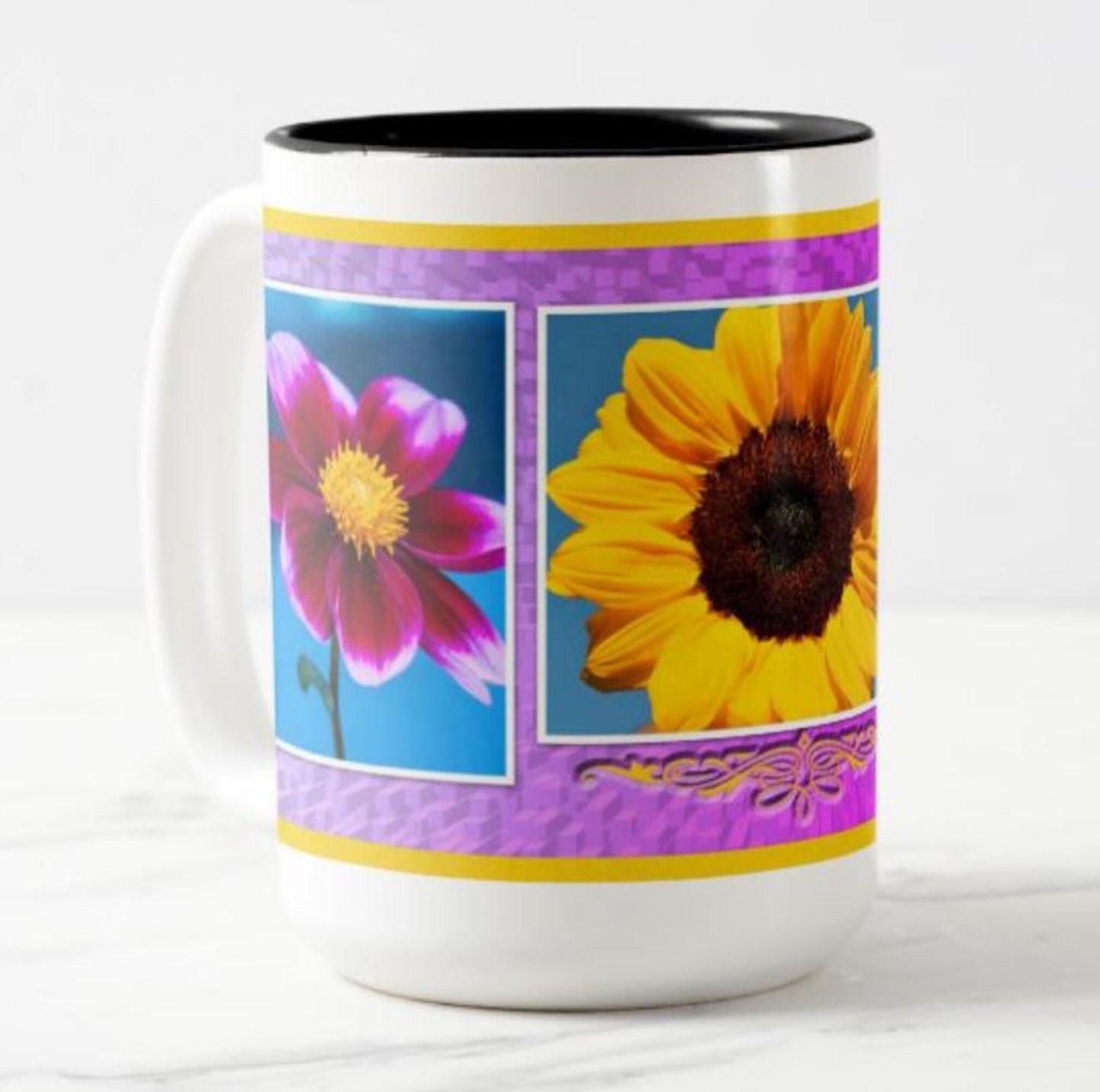 Lovely mug featuring a sunflower, dahlia and daisy.