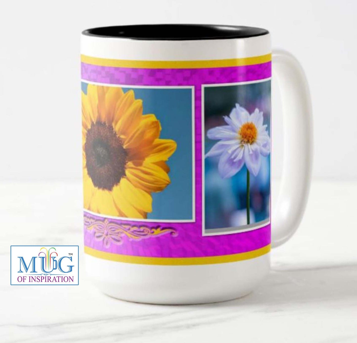 Lovely mug featuring a sunflower, dahlia and daisy.