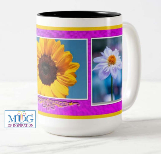 Lovely mug featuring a sunflower, dahlia and daisy.
