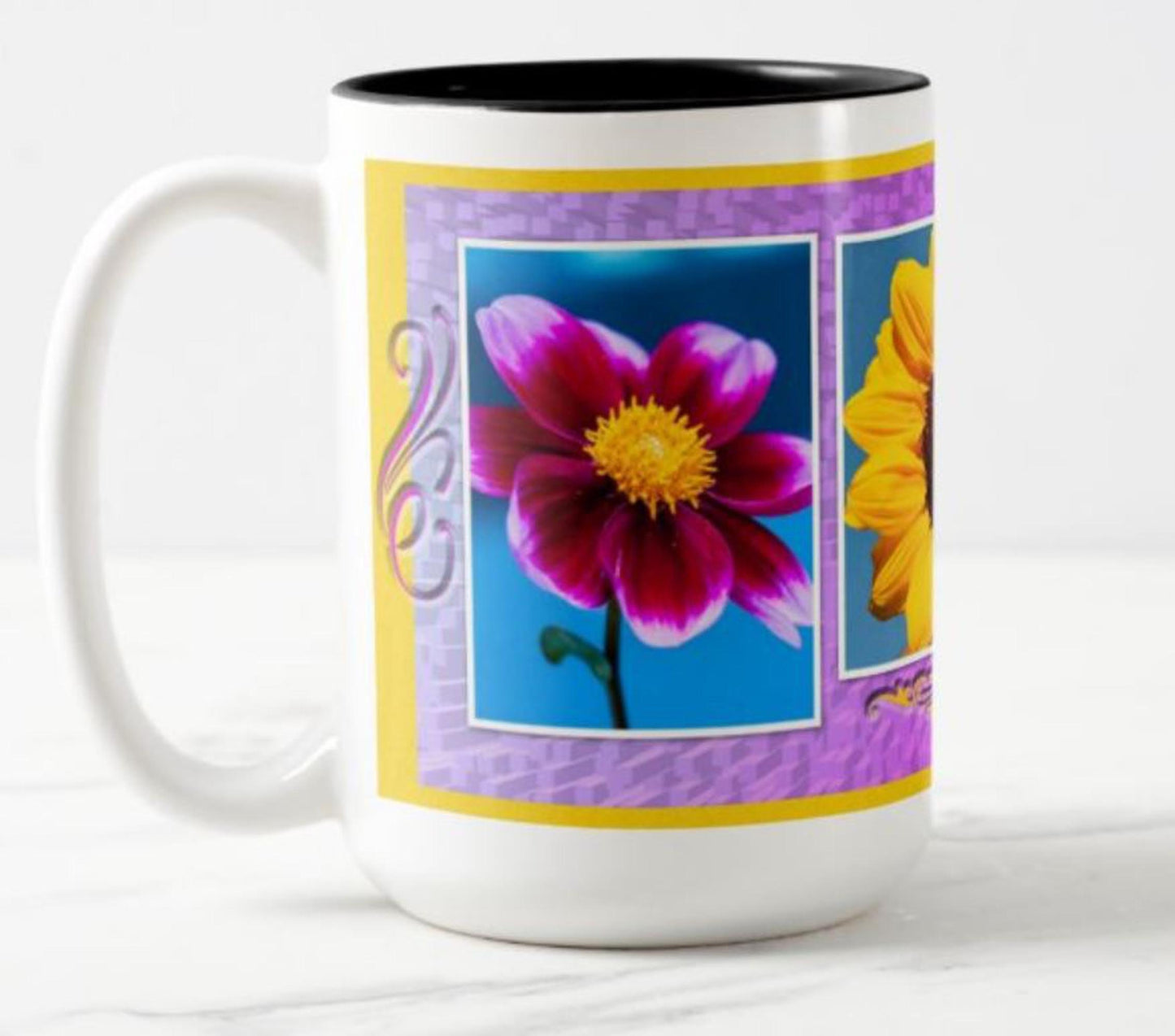 Lovely mug featuring a sunflower, dahlia and daisy.