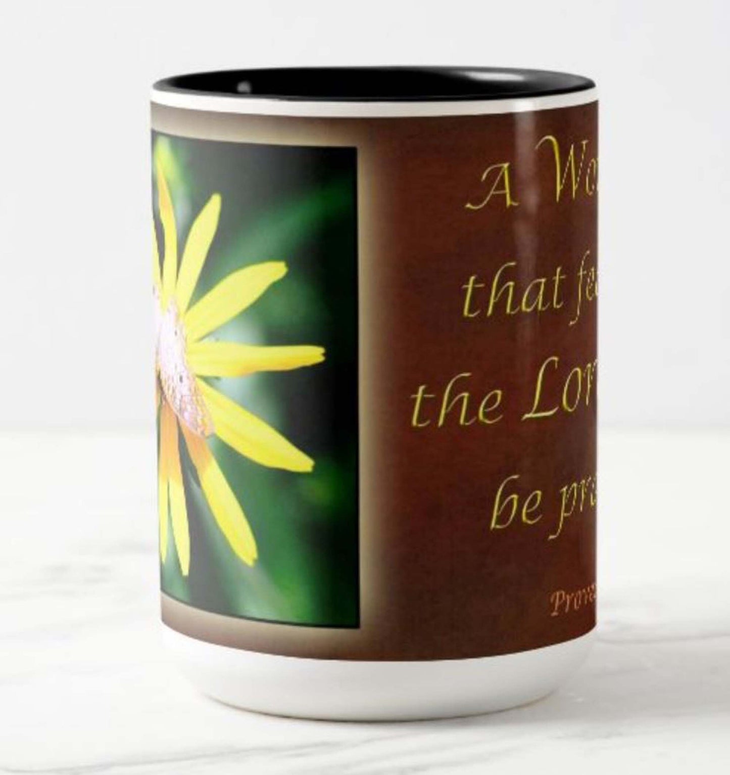Mug with a inspirational bible scripture; "A Virtuous Woman", and beautiful flower image.