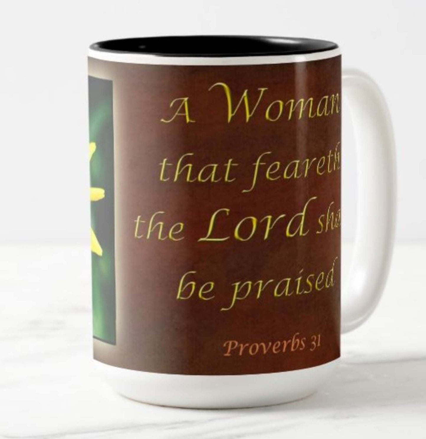 Mug with a inspirational bible scripture; "A Virtuous Woman", and beautiful flower image.