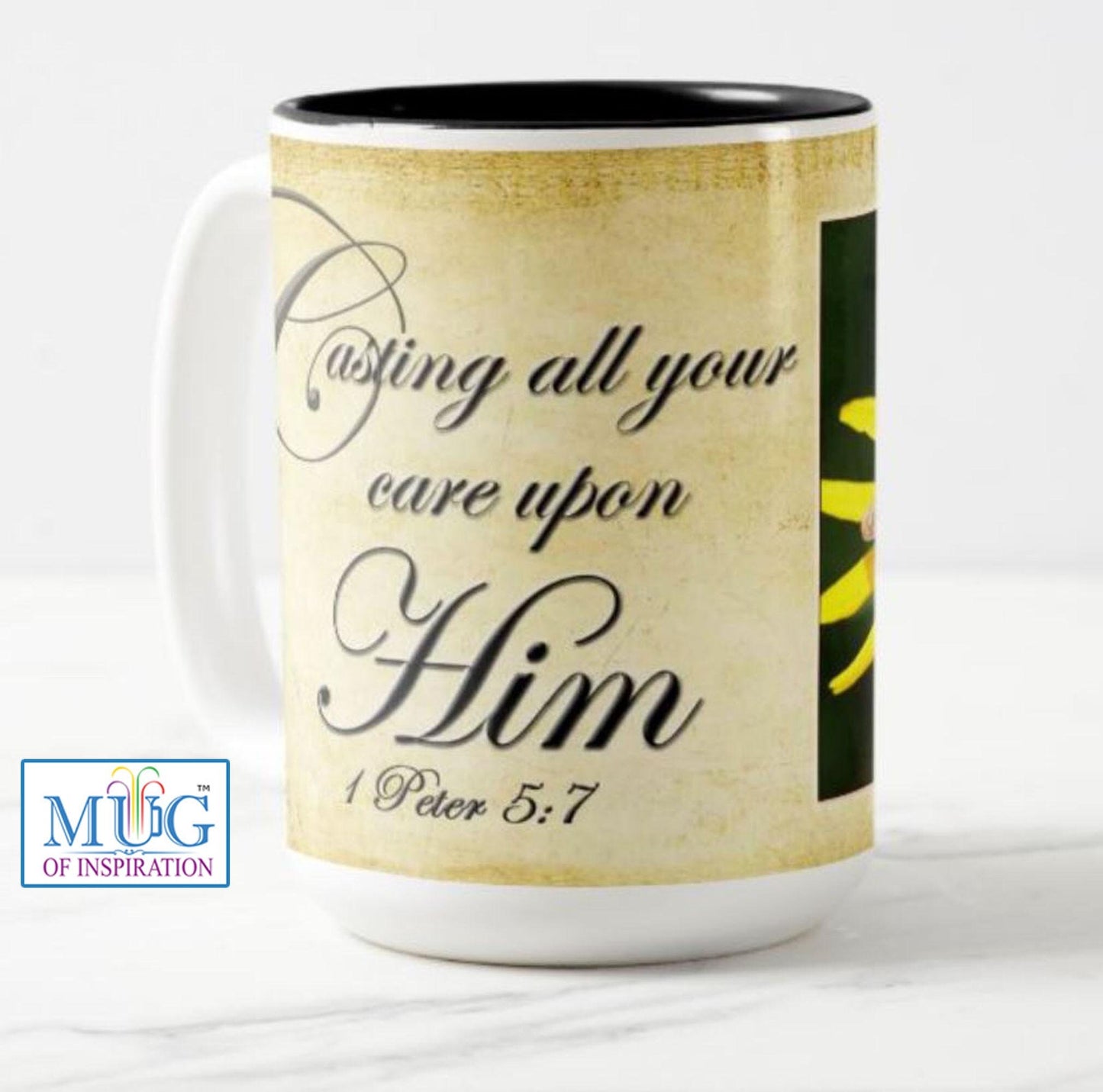 scripture mug, cast your cares on Him, Peter 5:7, bible scripture mug, butter fly mug. butterfly lovers, nature lover mug, floral gift