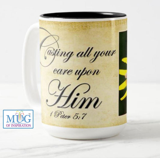 scripture mug, cast your cares on Him, Peter 5:7, bible scripture mug, butter fly mug. butterfly lovers, nature lover mug, floral gift