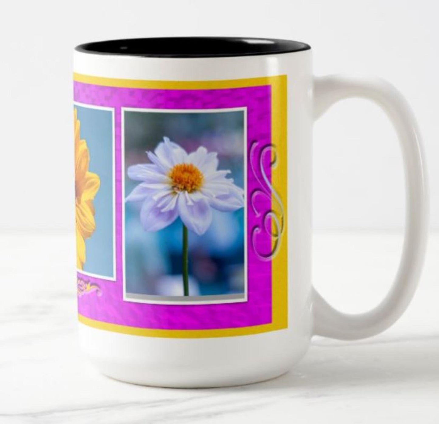 Lovely mug featuring a sunflower, dahlia and daisy.