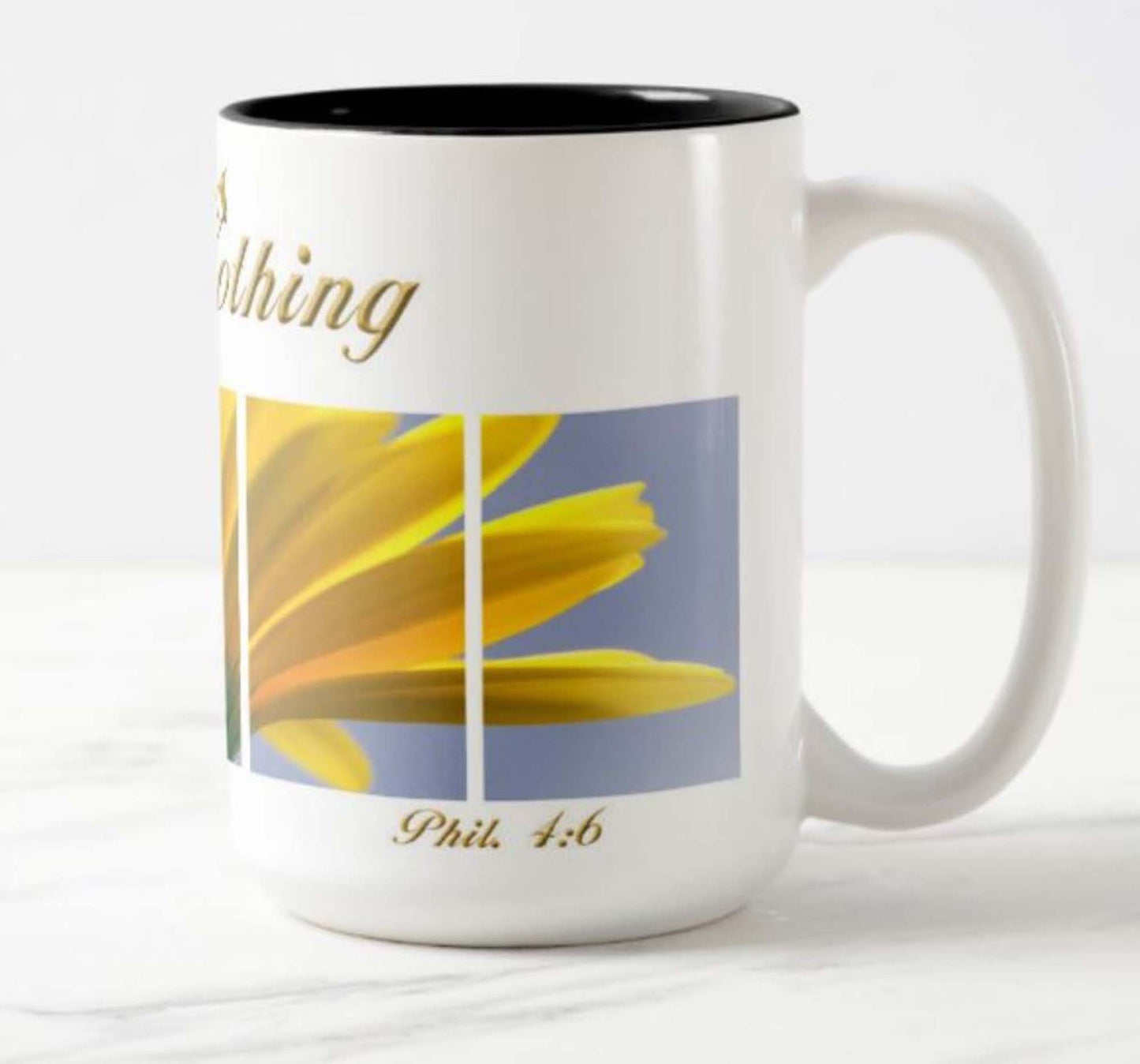 This Philippians 4:6 mug, featuring a beautiful Gerber daisy design.